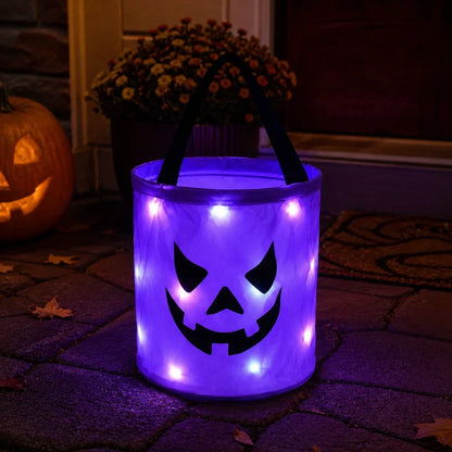 LED Halloween Pumpkin Bags Trick Treat | Collapsible for Candy Collection | Reusable Light up Containers | Party Goodie Holders with Jack O Lantern Face Design