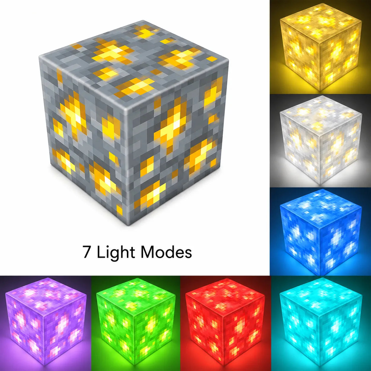 gold ore magnetic block with 7 different light modes displayed.