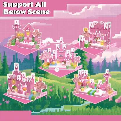 Pink castle toy set with various poses on a pink background