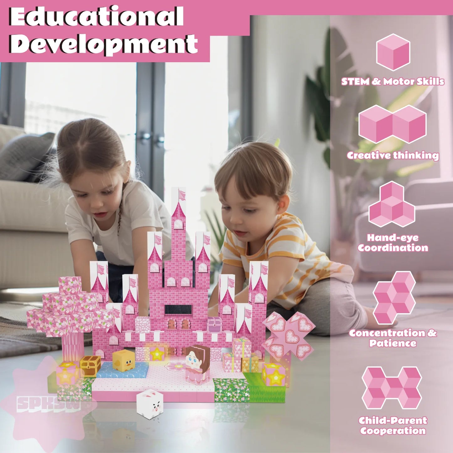 Two children playing with a pink castle toy set in a living room, with educational development benefits displayed on the right.
