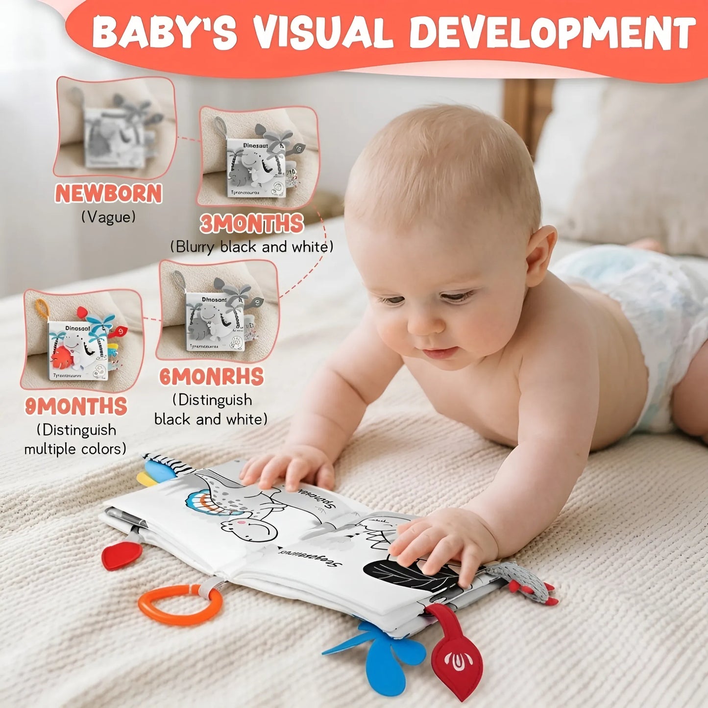 Baby interacting with a book showing visual development stages.