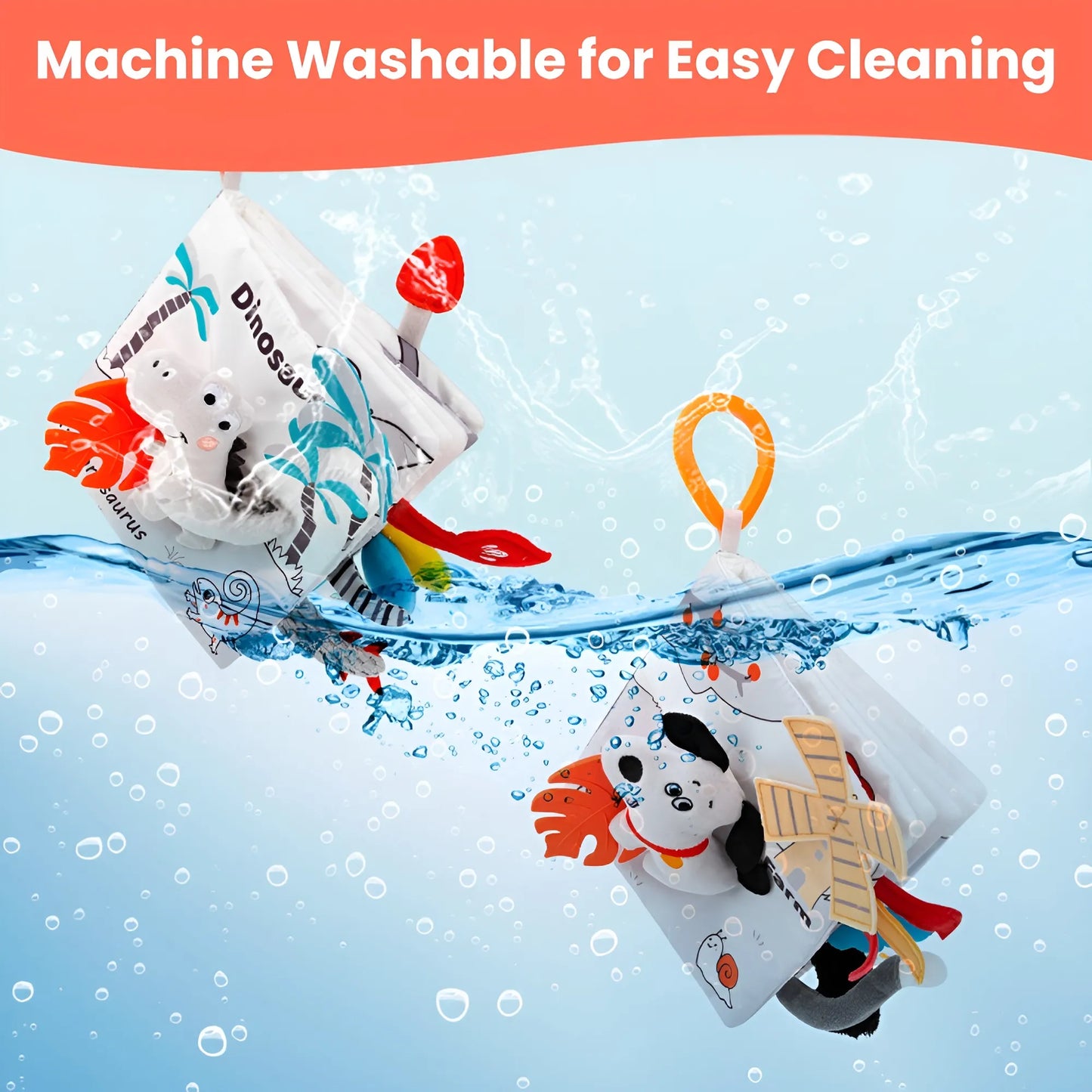Plush toys with educational elements being washed in water, with text indicating machine washability.