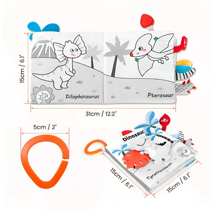 Children's dinosaur-themed book with illustrations and measurements on a white background