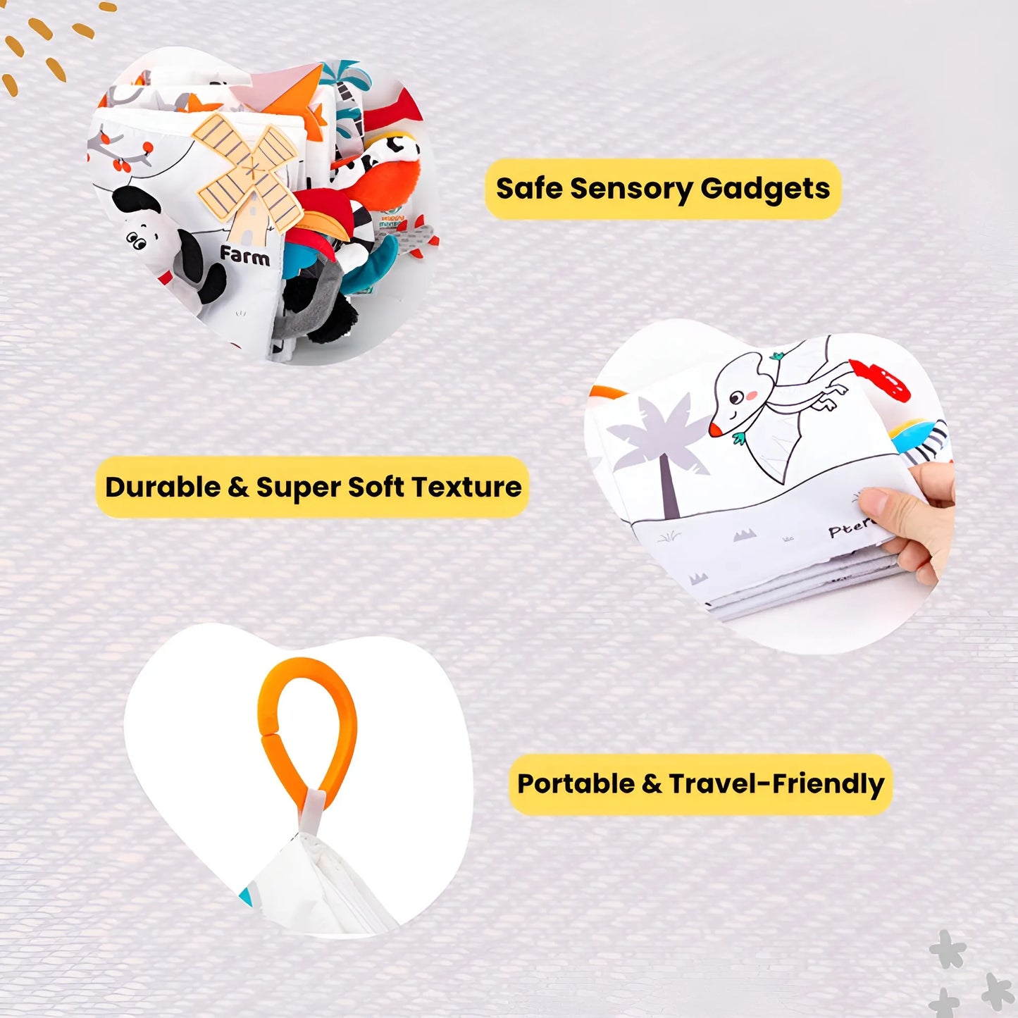 Collection of safe sensory gadgets with text highlighting features on a light gray background.