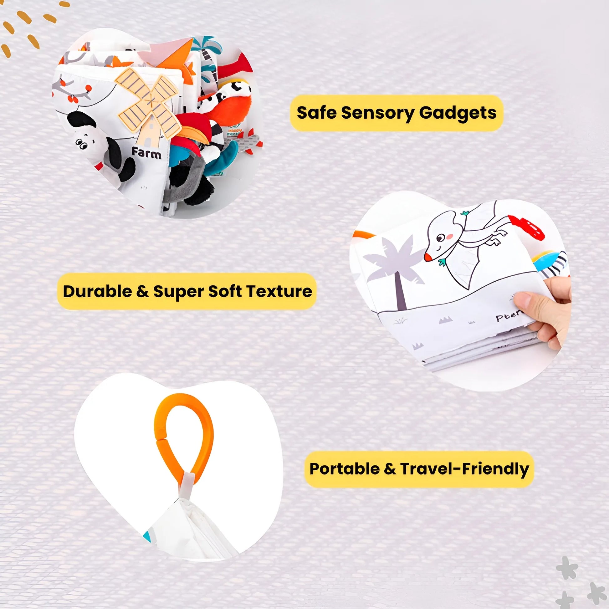 Collection of safe sensory gadgets with text highlighting features on a light gray background.