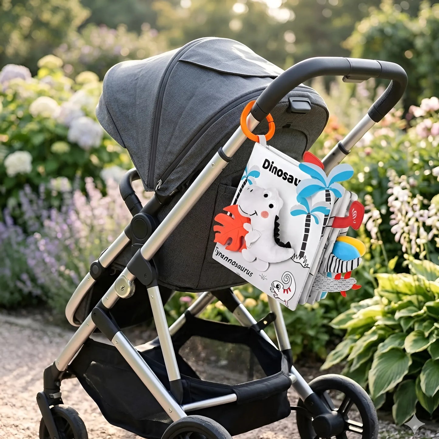 Gray stroller with a colorful dinosaur-themed book attached, set against a garden background.