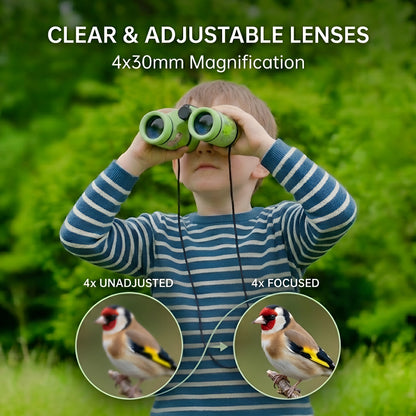 Child using binoculars with clear and adjustable lenses, set against a natural background.