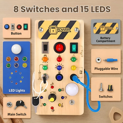 Wooden educational board with switches, LEDs, and battery compartment on a wooden background