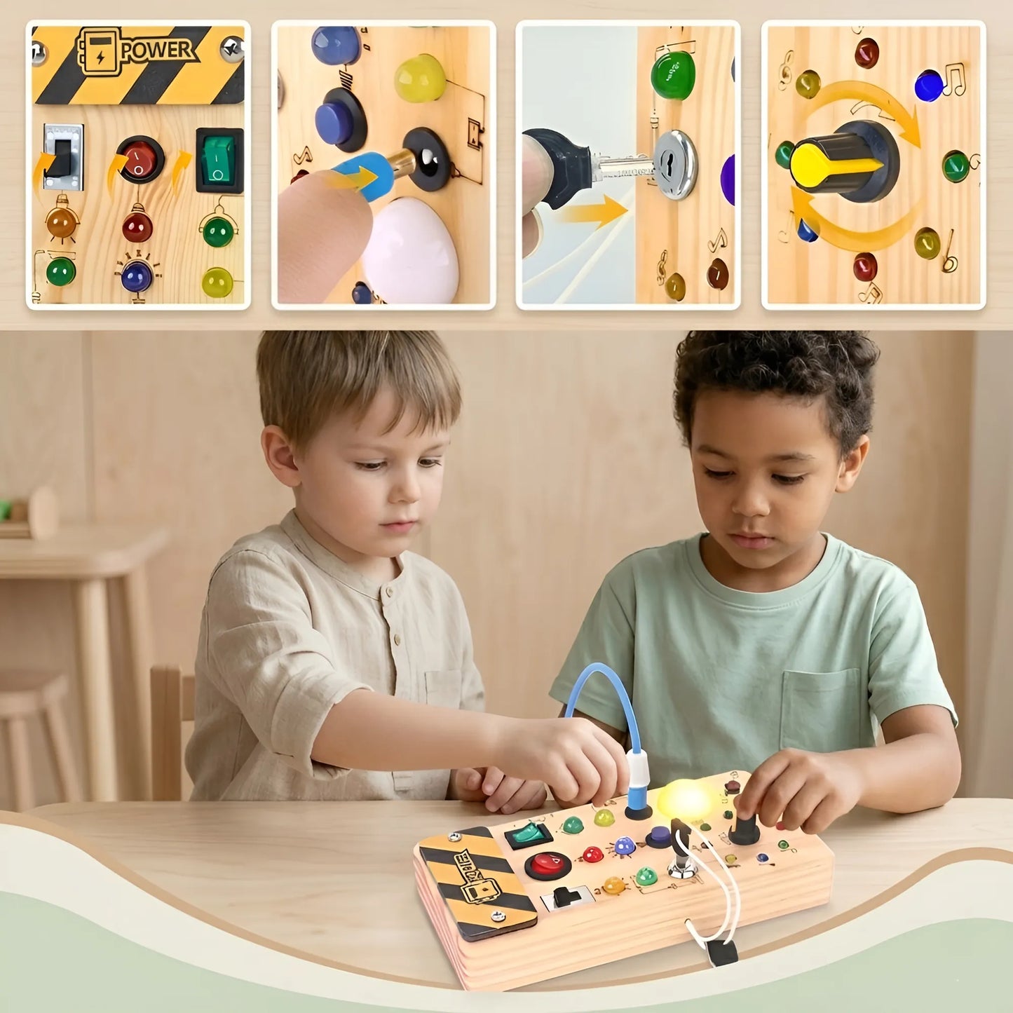 Two children playing with a wooden educational toy at a table.