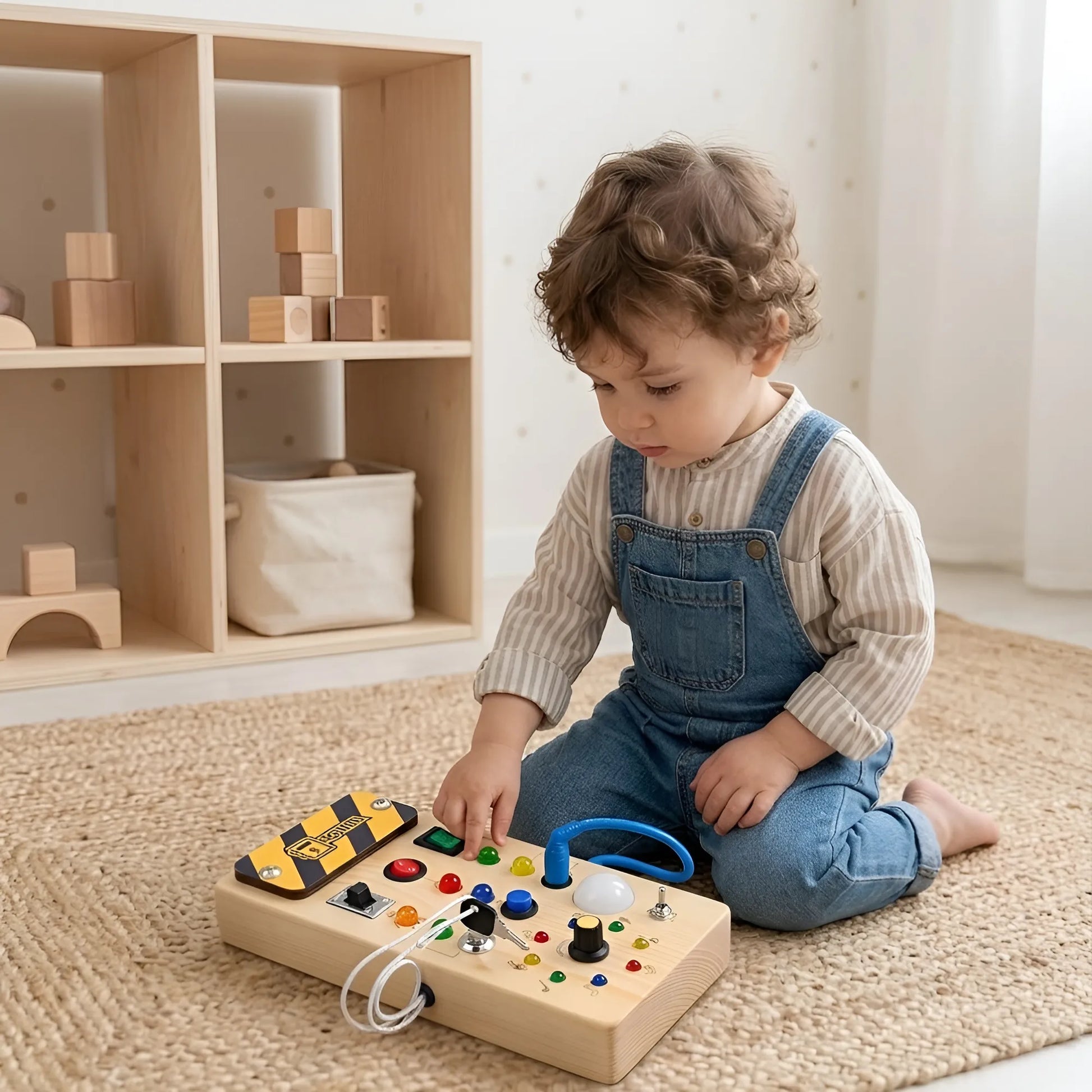 Child playing with a wooden toy on a rug in a room with shelves.