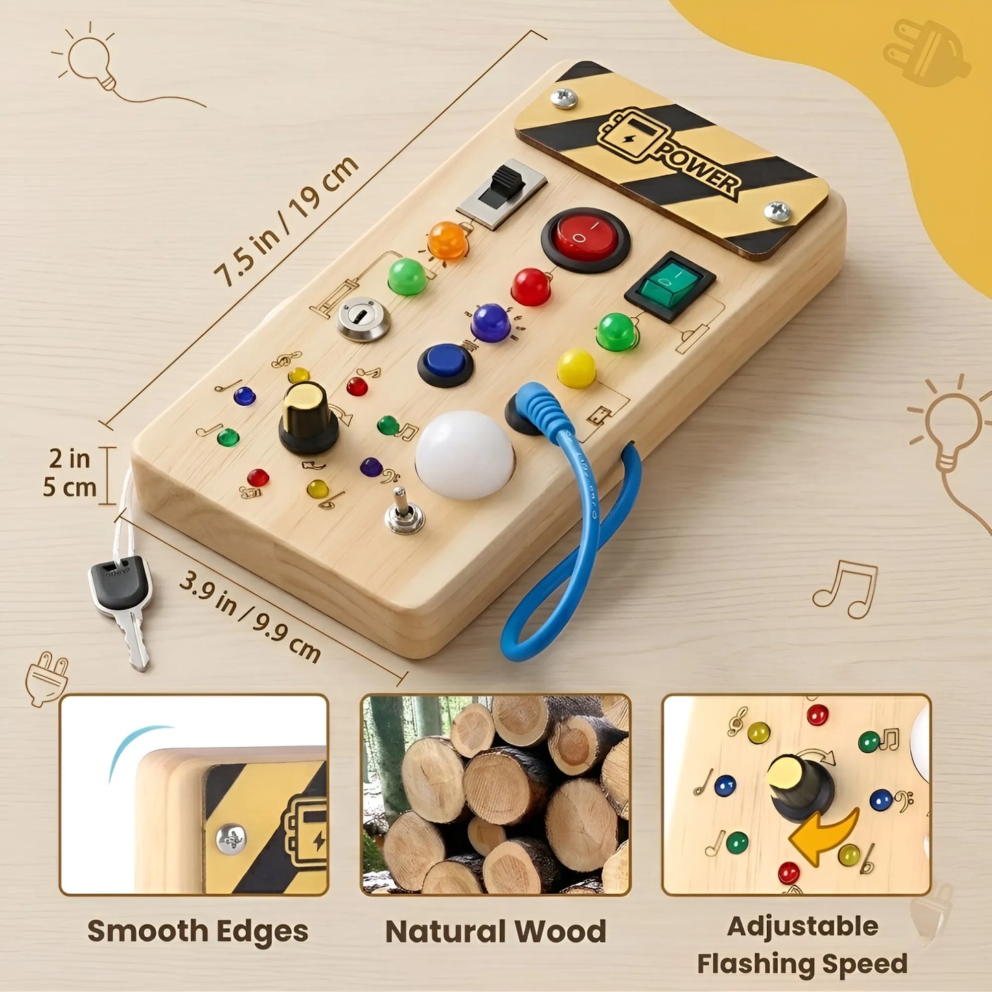 Wooden toy control panel with buttons and lights, featuring measurements and product features on a beige background.