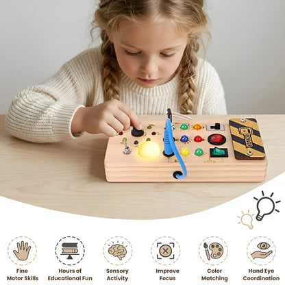 Child playing with a wooden educational toy on a table