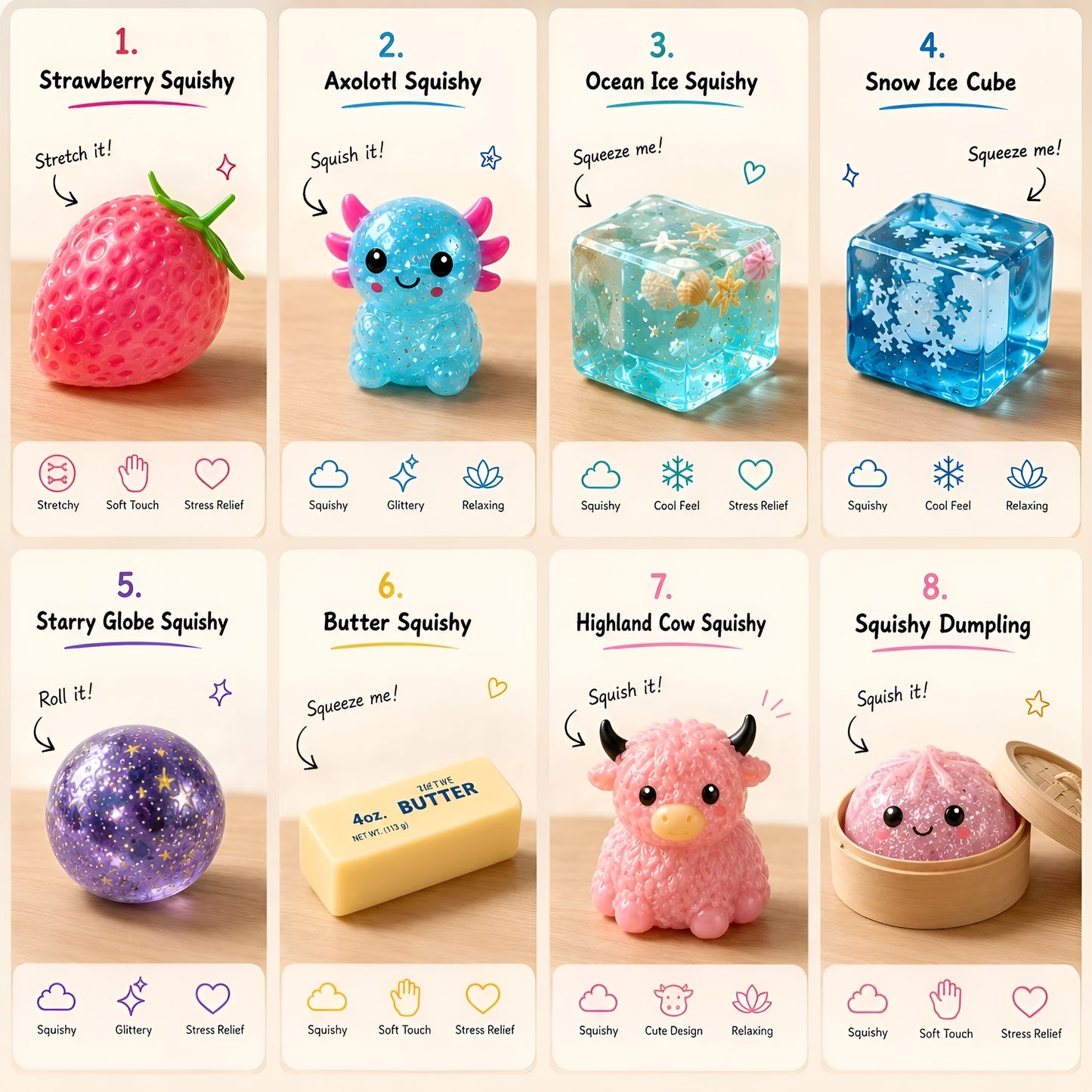 Mystery Squishy Box | 8 PCS | Ultimate Dumpling Malt Sugar Stress Relief Sensory Bundle