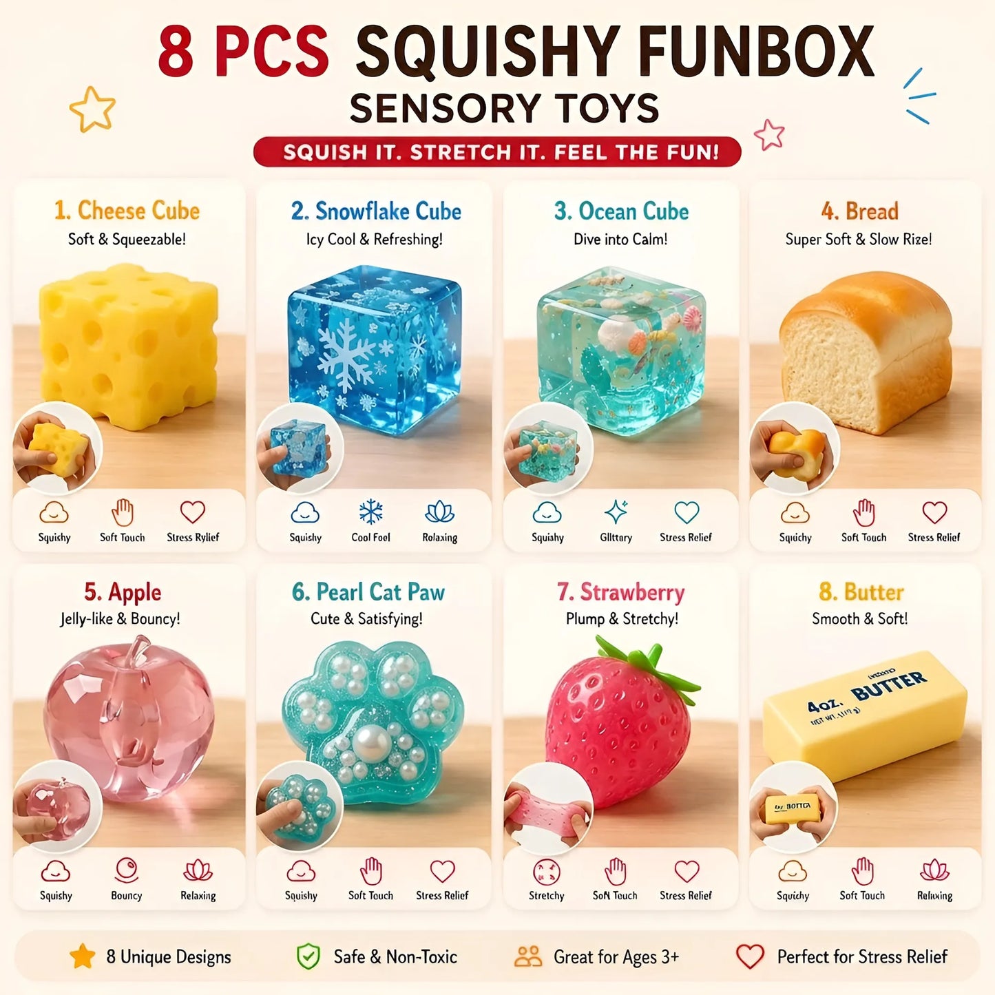 Mystery Squishy Box | 8 PCS | Ultimate Dumpling Malt Sugar Stress Relief Sensory Bundle