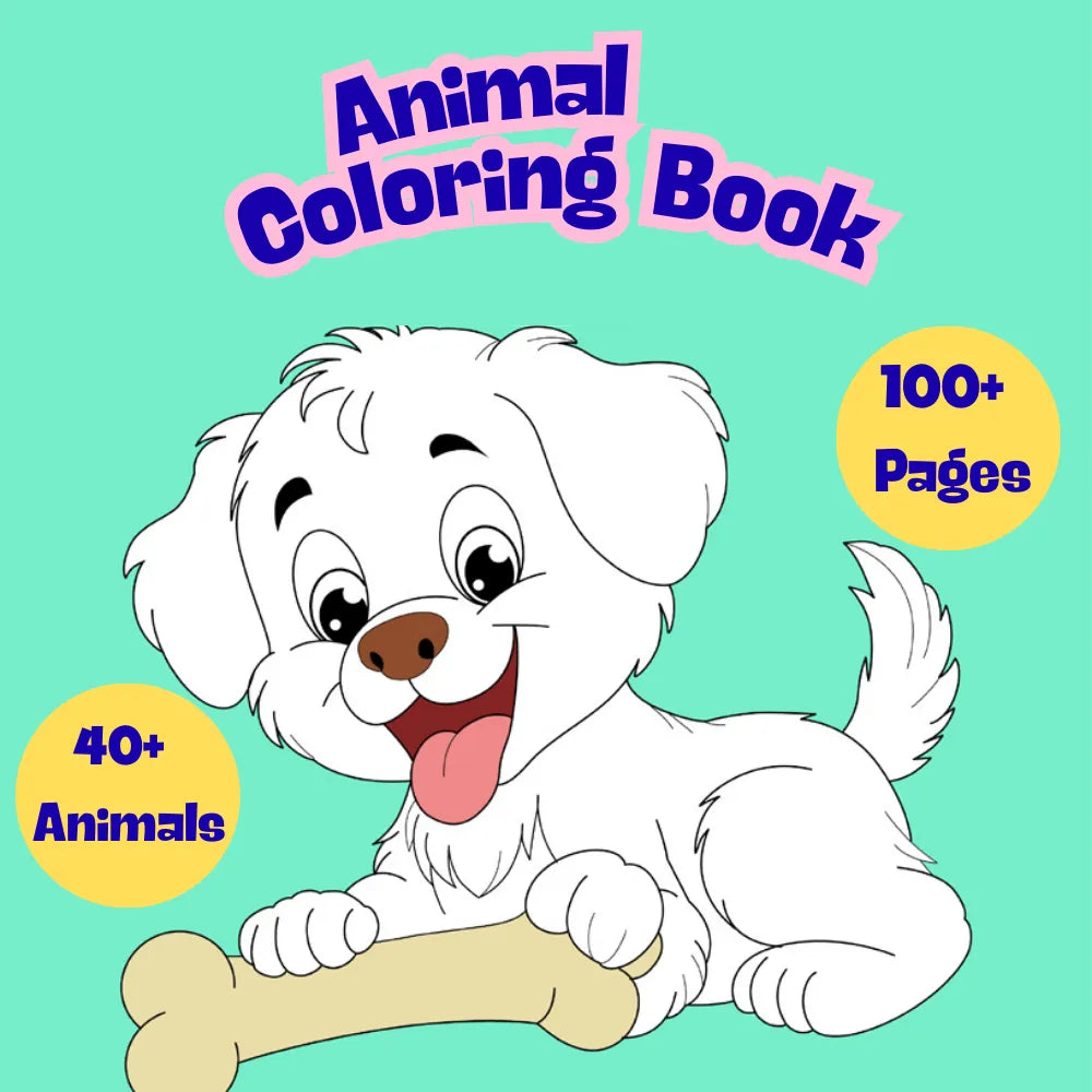 Cover of an animal coloring book with a cartoon dog holding a bone on a teal background.