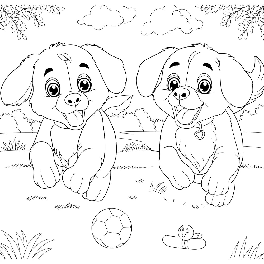 Coloring page of two cartoon puppies with a ball and worm on grass.