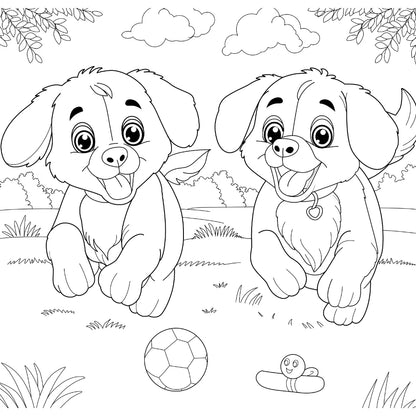 Coloring page of two cartoon puppies with a ball and worm on grass.