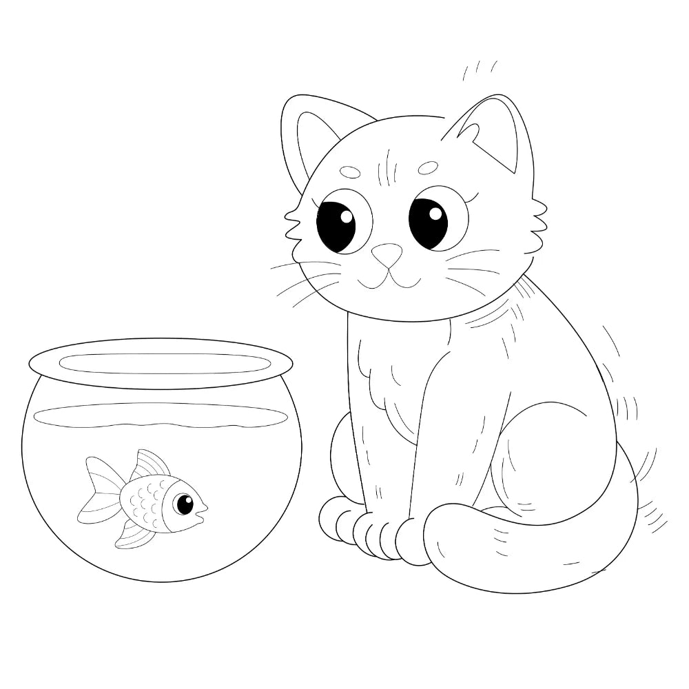 Black and white line drawing of a cat and fishbowl on a white background