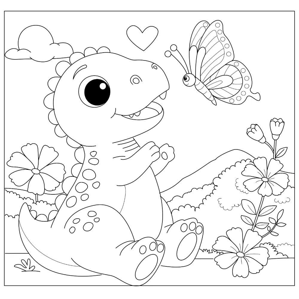 Coloring page of a dinosaur with flowers and a butterfly