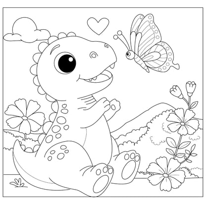 Coloring page of a dinosaur with flowers and a butterfly