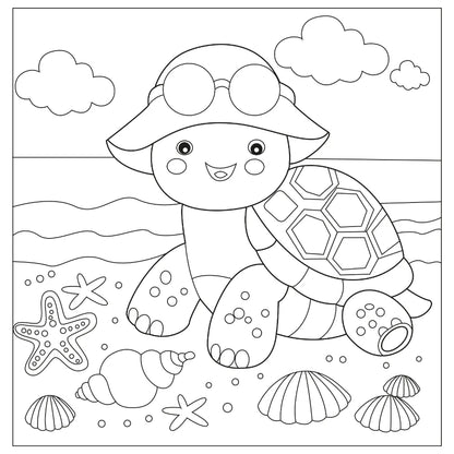 Coloring page of a turtle with sunglasses on a beach.