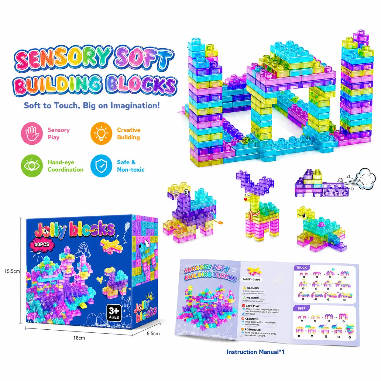 Onenazo Gummy Building Blocks | Large Squishy Blocks | 40 PCS