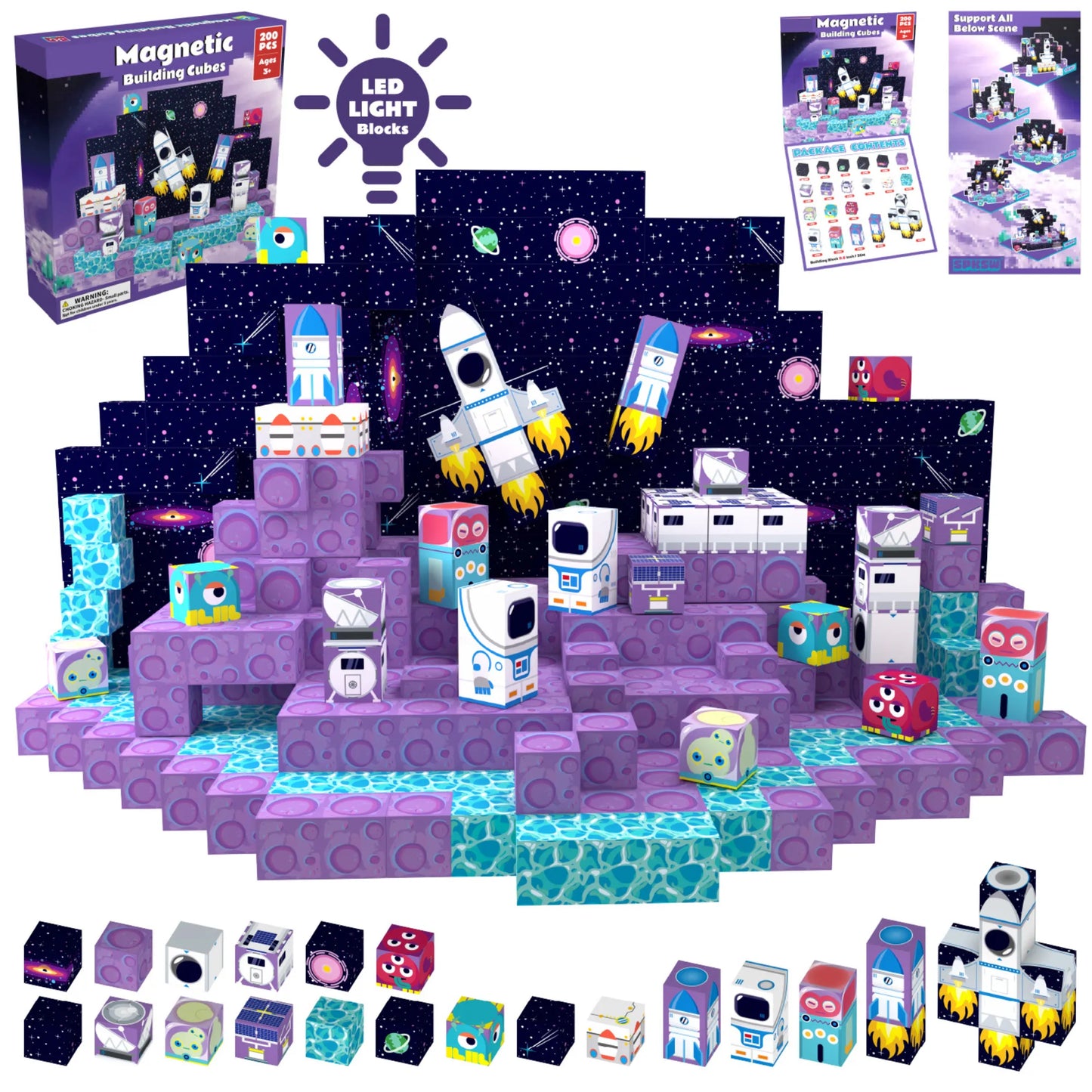 Magnetic Blocks with LED Light Up Blocks 100, 200 PCS | 2cm/0.8" | Rocket Ship