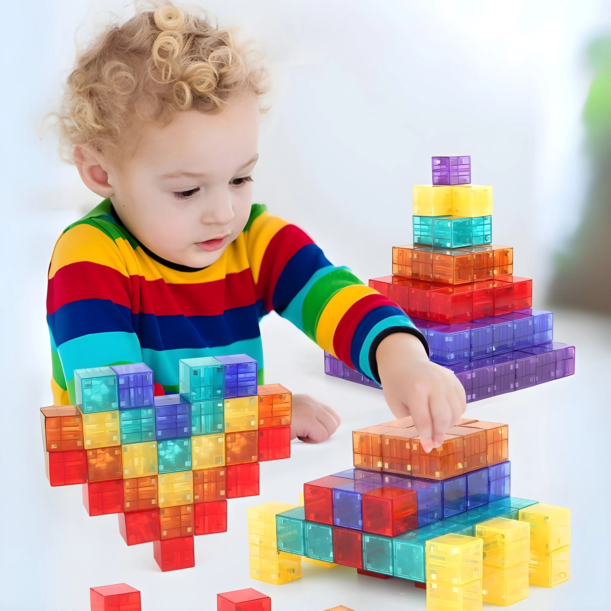 Child playing with colorful magnetic building blocks on a white background