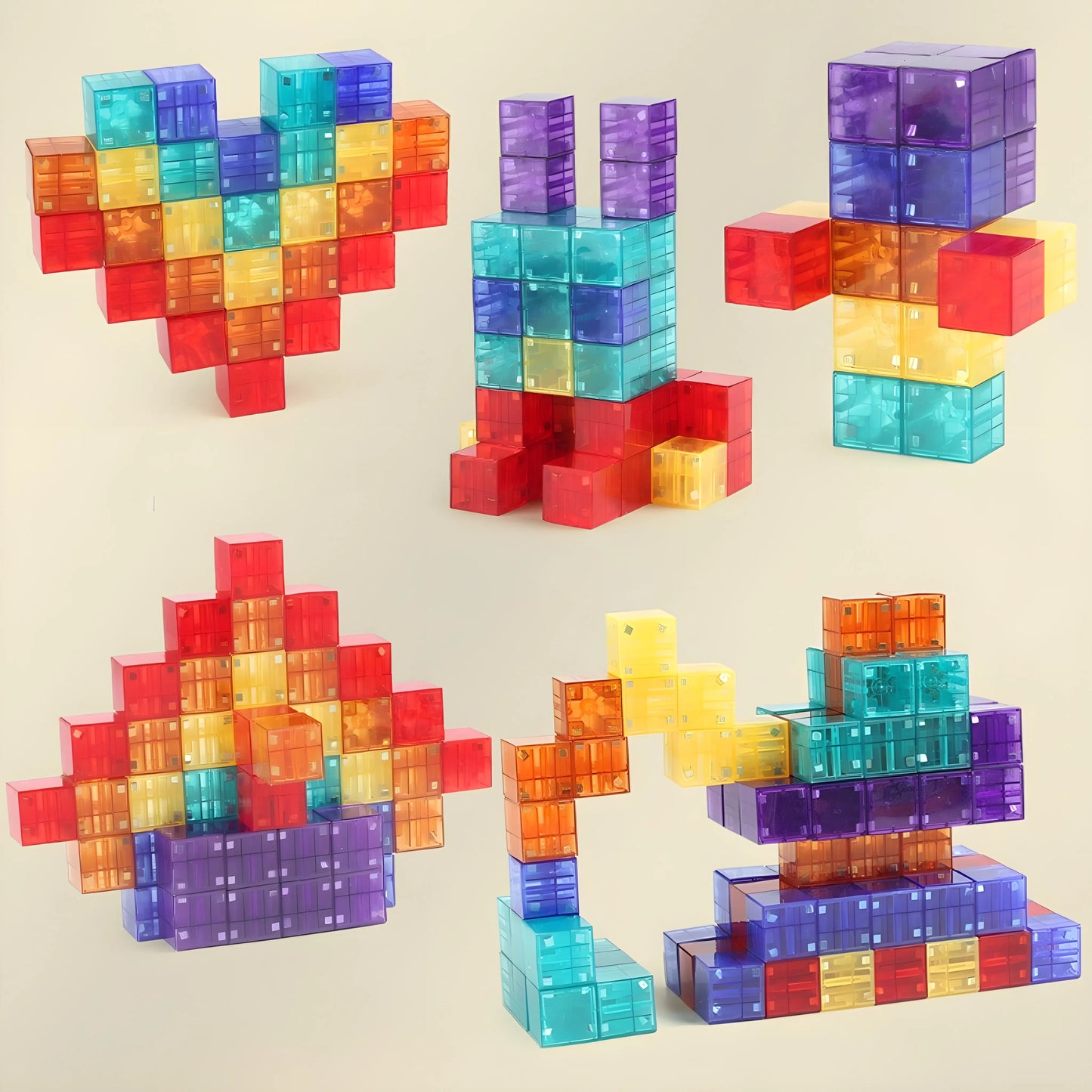 Colorful transparent magnetic building blocks shaped into various forms on a beige background