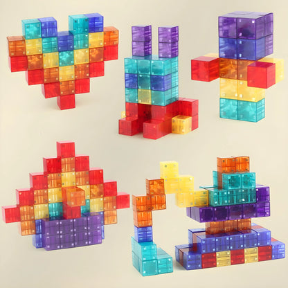 Colorful transparent magnetic building blocks shaped into various forms on a beige background