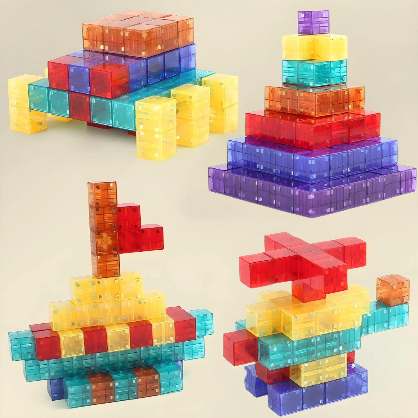 Colorful magnetic building blocks stacked into various shapes on a beige background