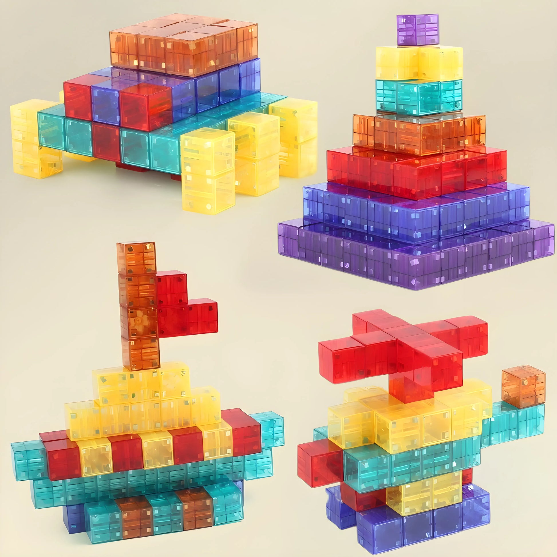 Colorful magnetic building blocks stacked into various shapes on a beige background