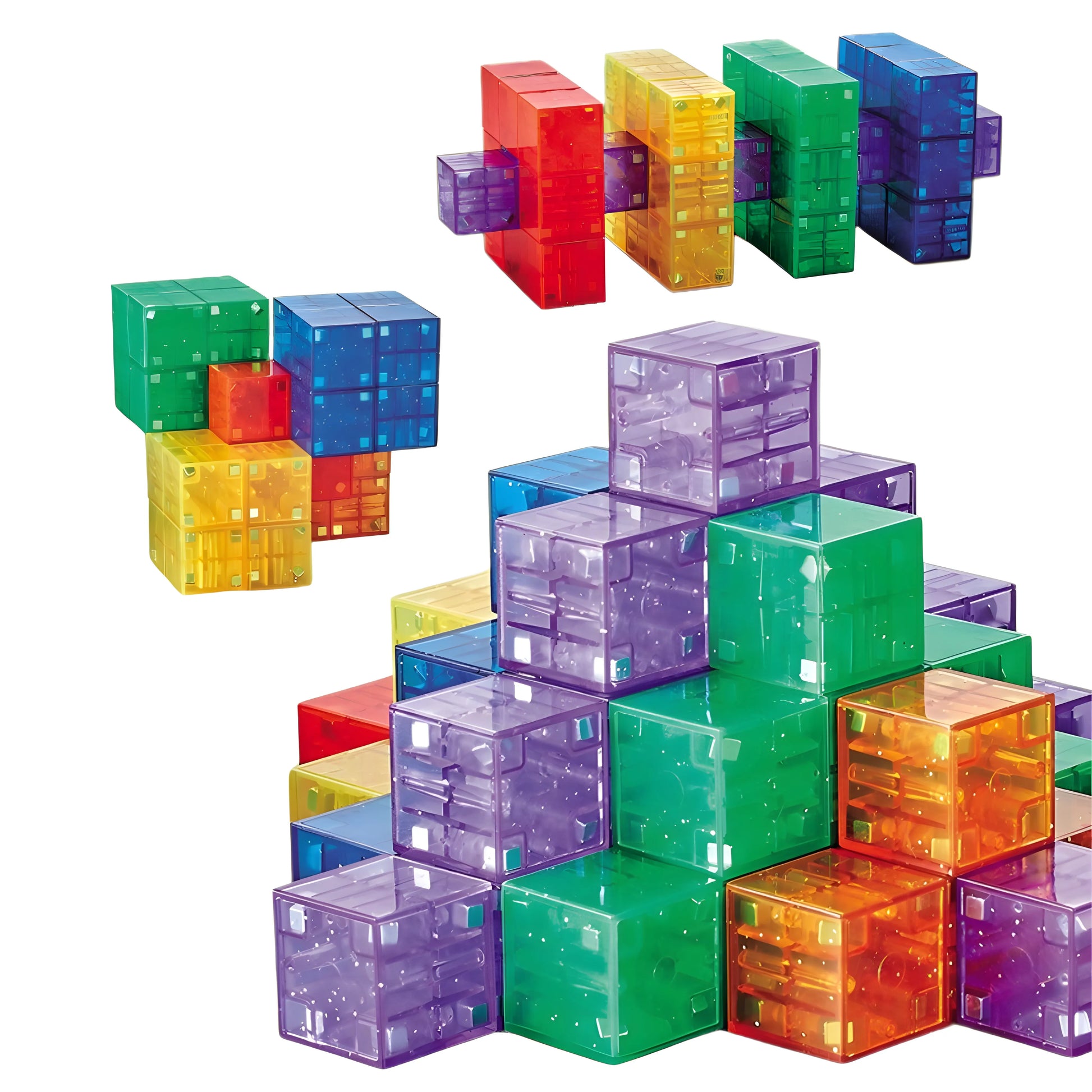 Colorful transparent magnetic building blocks stacked on a white background