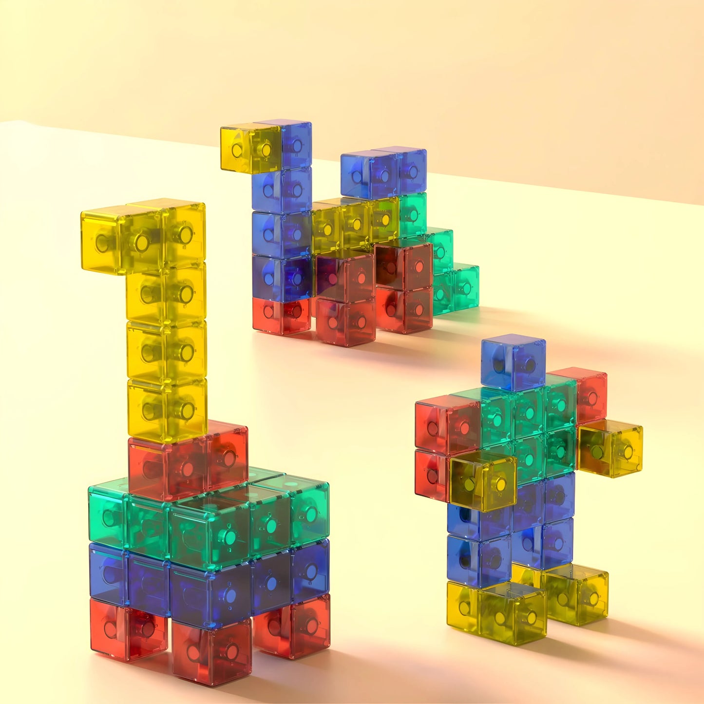 Colorful magnetic building blocks arranged to form numbers on a gradient background