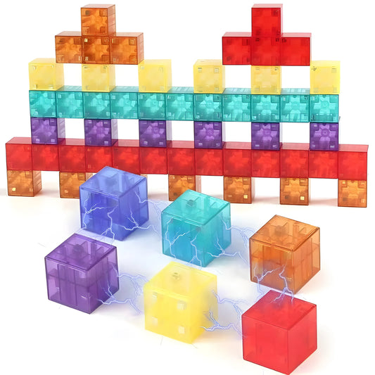 Colorful transparent magnetic building blocks arranged in a tower on a white background
