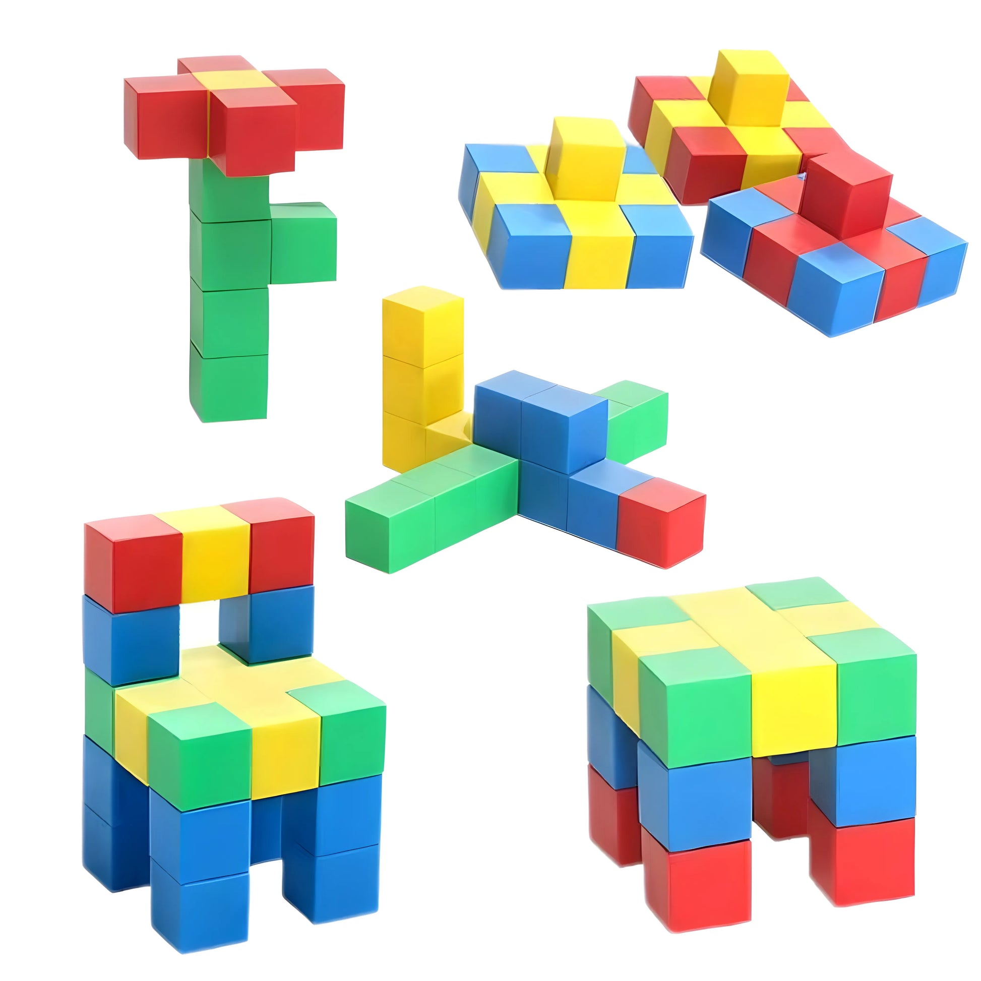 Colorful magnetic building block letters on a white background