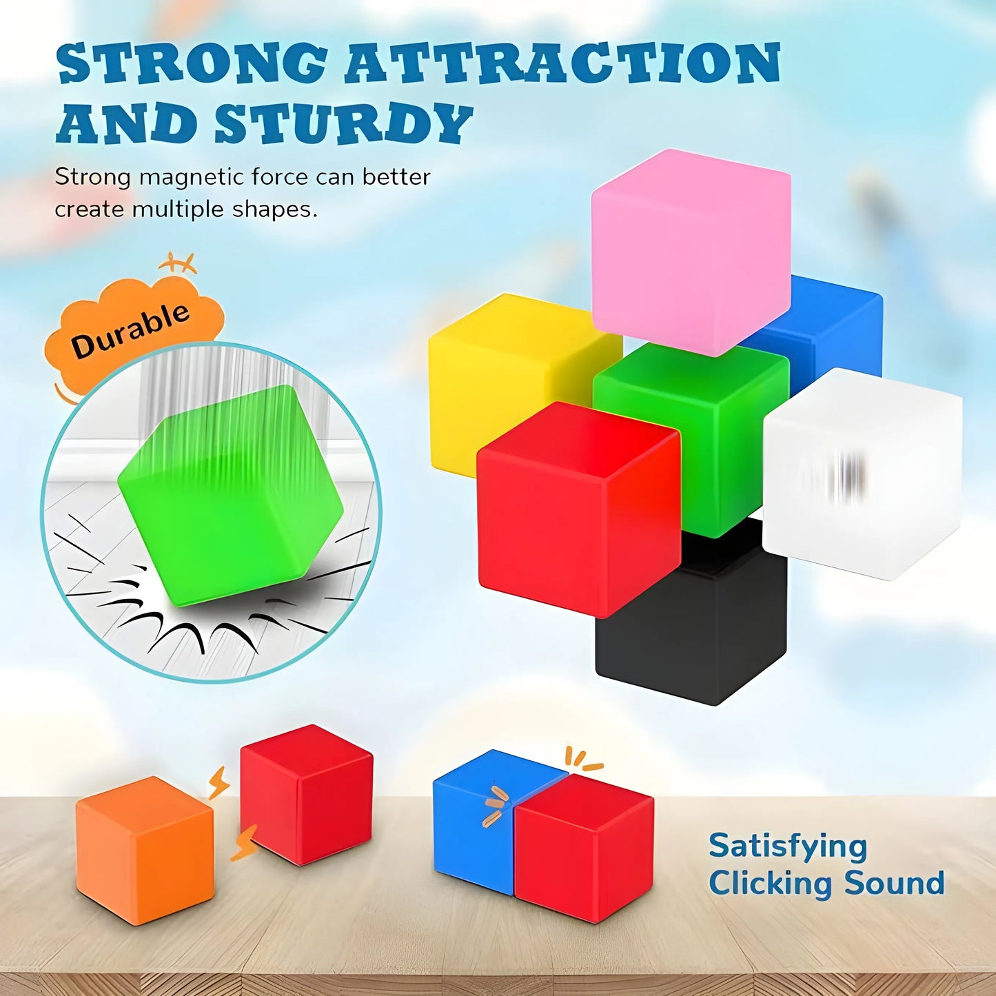 Colorful magnetic cube toys with text highlighting their features on a light blue background.