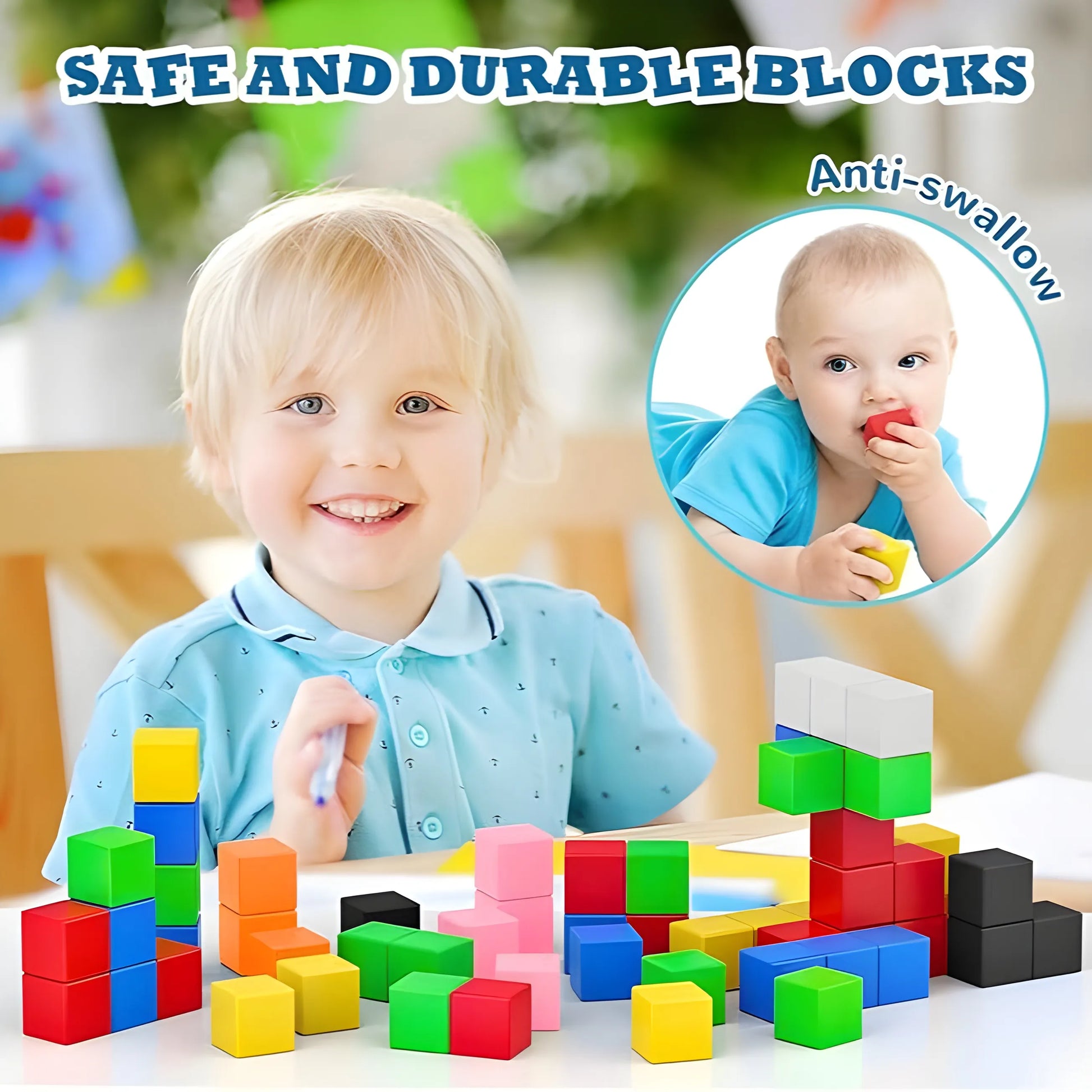 Child playing with colorful magnetic building blocks on a table, with an inset showing a baby safe to swallow.