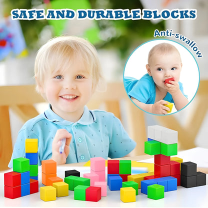 Child playing with colorful magnetic building blocks on a table, with an inset showing a baby safe to swallow.