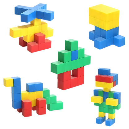Colorful magnetic building blocks in various shapes on a white background