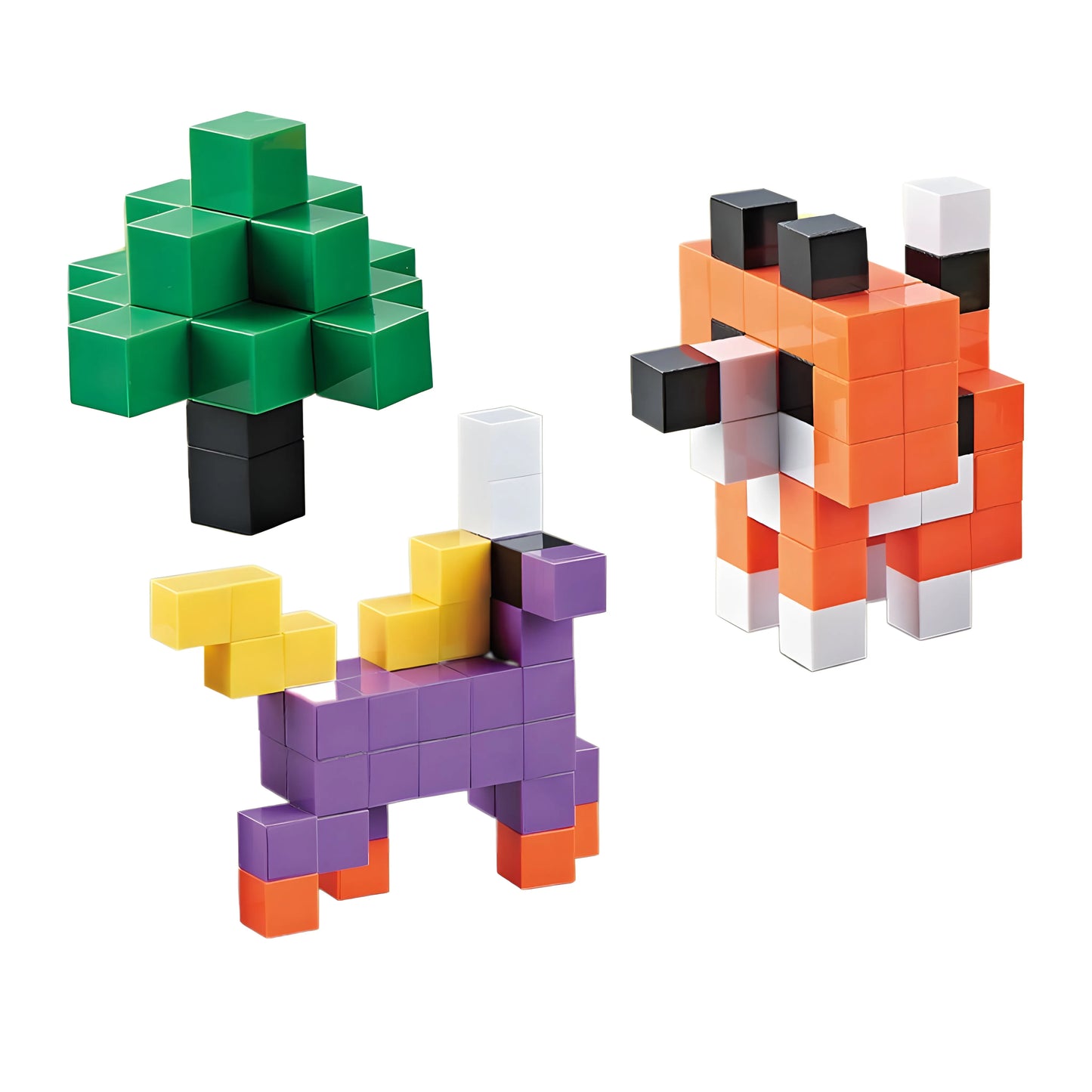 Colorful pixelated animal figures made of magnetic bricks on a white background