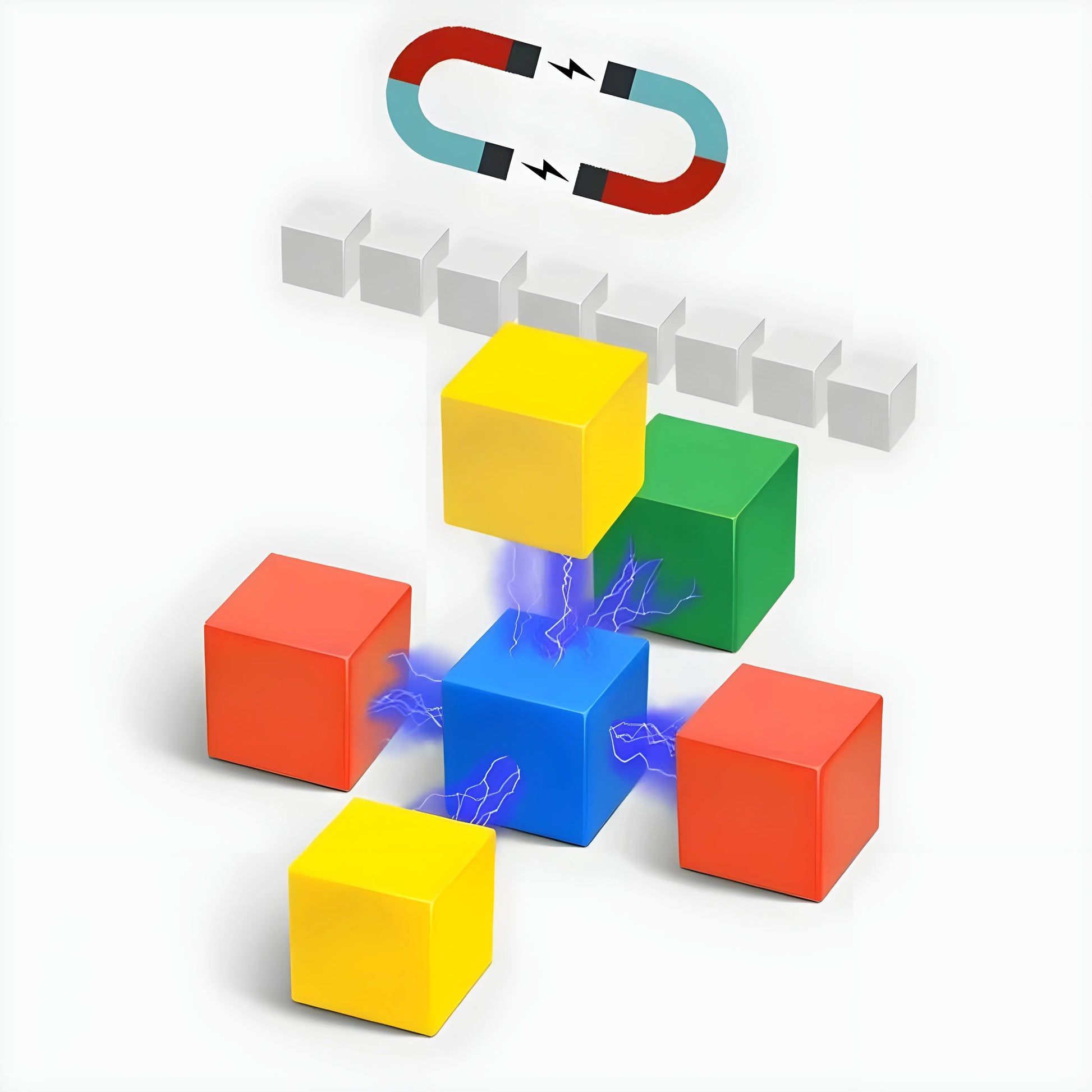 Colorful magnetic blocks with a magnet above on a white background