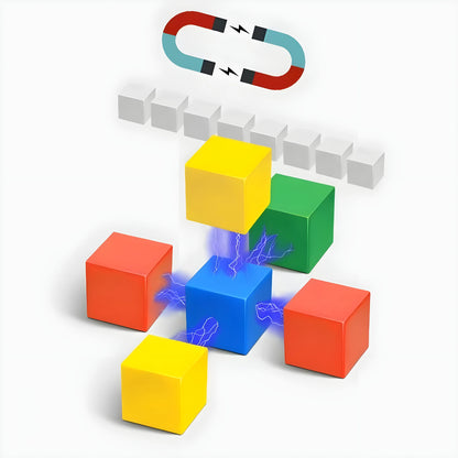 Colorful magnetic blocks with a magnet above on a white background