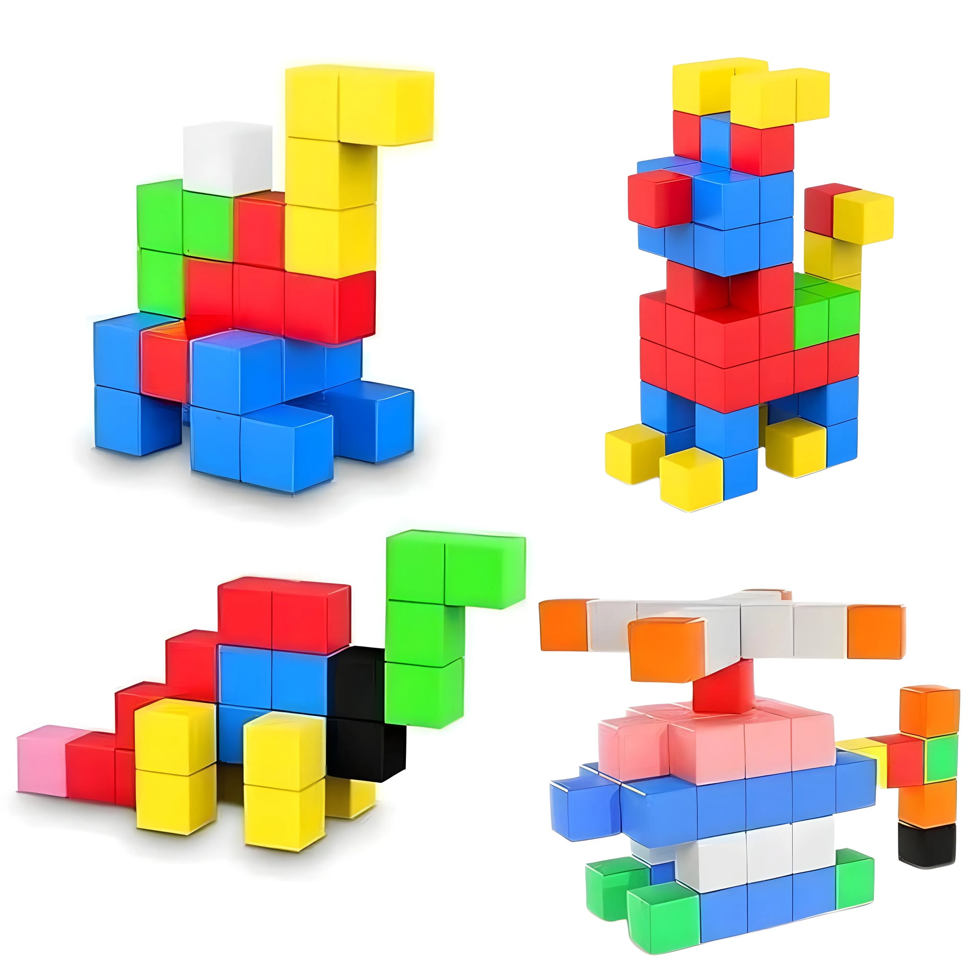 magnetic building block sets arranged on a white background