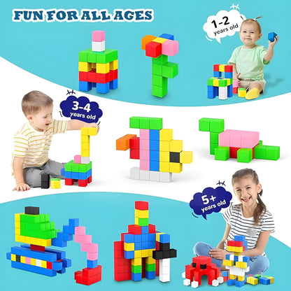 magnetic building blocks set with children playing and text indicating age groups.