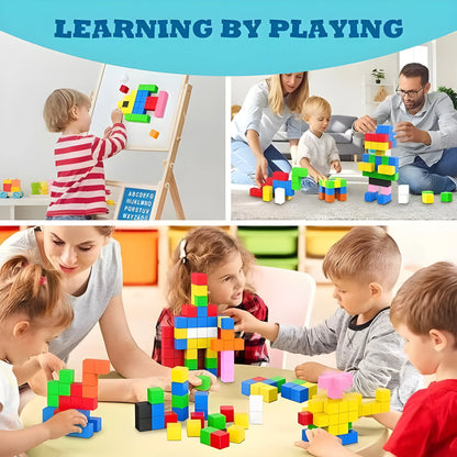 Children playing with magnetic building blocks in various settings with text 'Learning by Playing'.