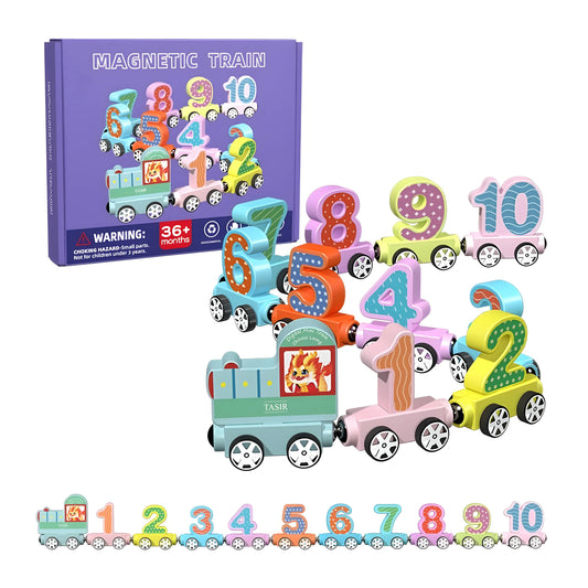 Colorful magnetic train set with numbers and packaging on a white background