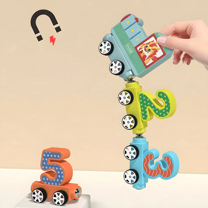 magnetic Toy with number and letter shapes on wheels, held by a hand against a beige background