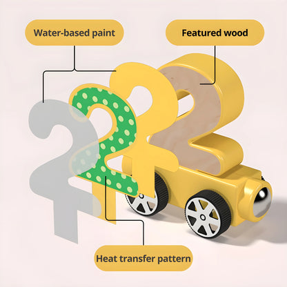 magnetic Toy car made of wood with labeled parts on a beige background