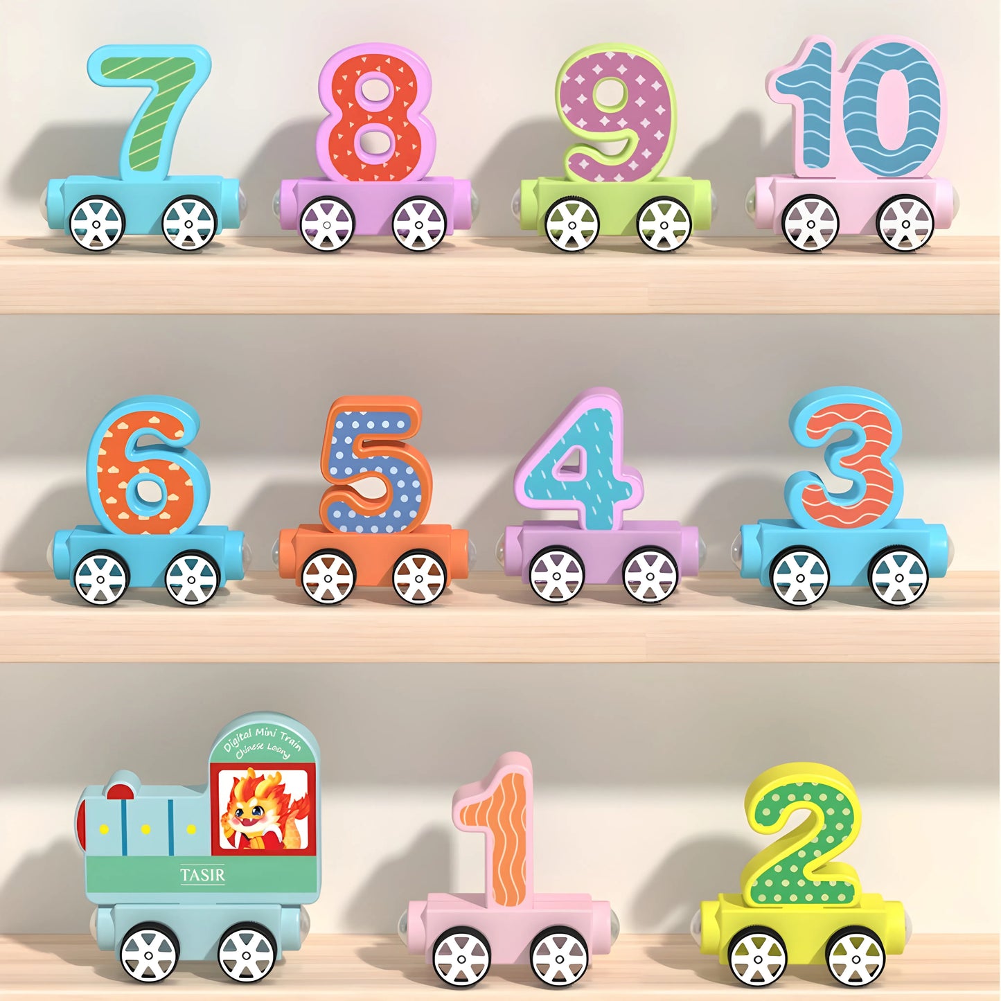 Set of colorful magnetic number trains on a wooden surface